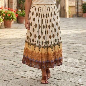 Earthy Bohemian Medallion Print Boho Flowy 100% Cotton Maxi Skirt XL Stretchy